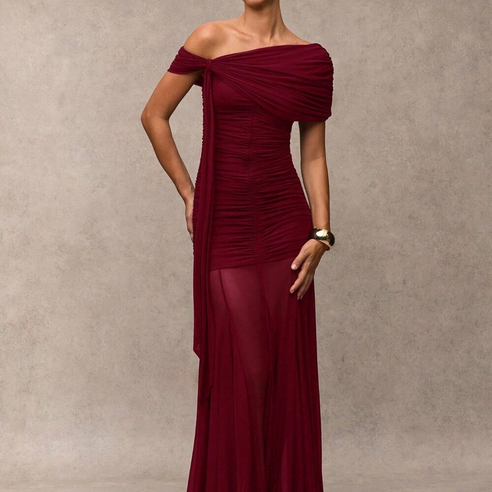 Burgundy Elegant Women's Casual Minimalist Tie Strap Dress - Picture 5 of 8
